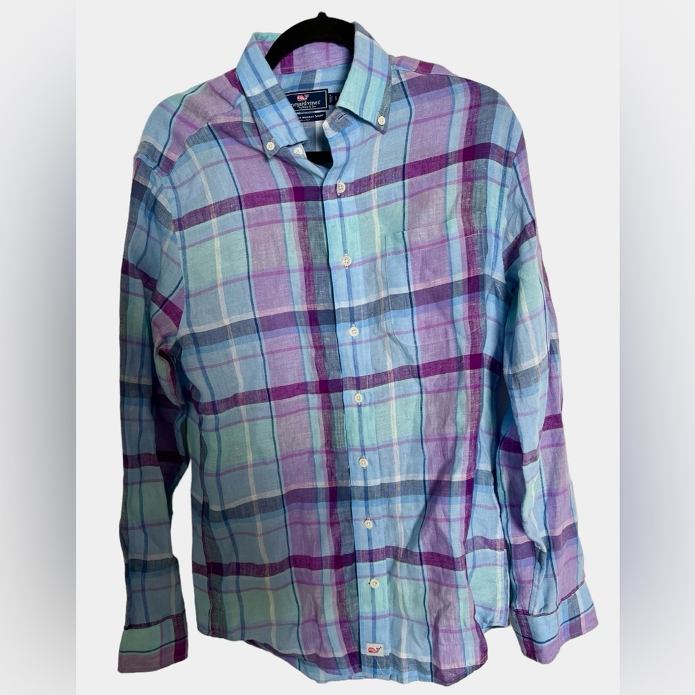 Vineyard Vines Classic Fit Murray Shirt Men's S 100 Linen Long Sleeve Plaid‎ ✅